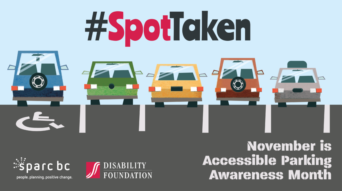 Illustrated cars parked in a row, one in an accessible parking spot. November is Accessible Parking Month.