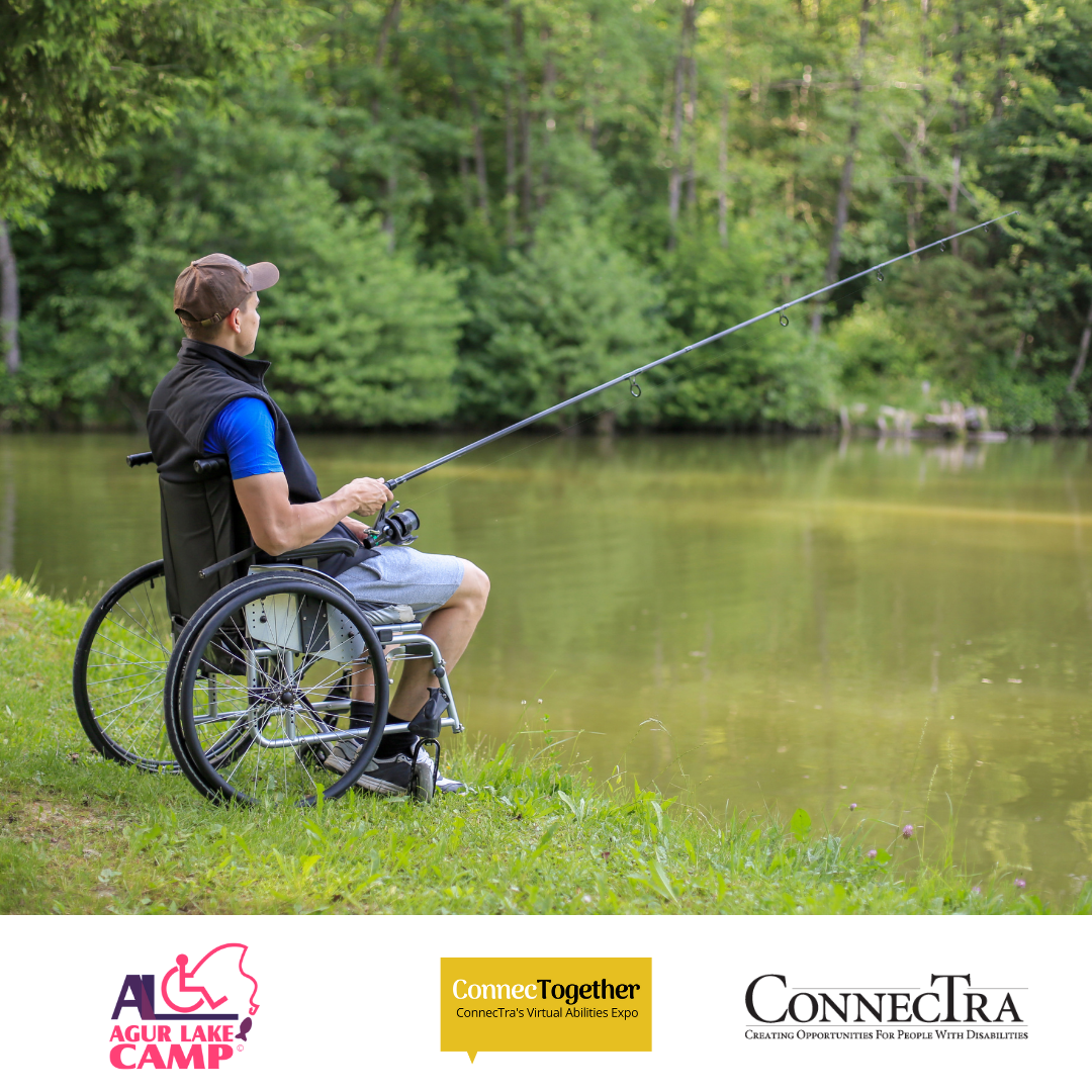 Man in a wheel chair fishing.(.Agur lake camp logo.Connectogather logo.Connectra logo.).