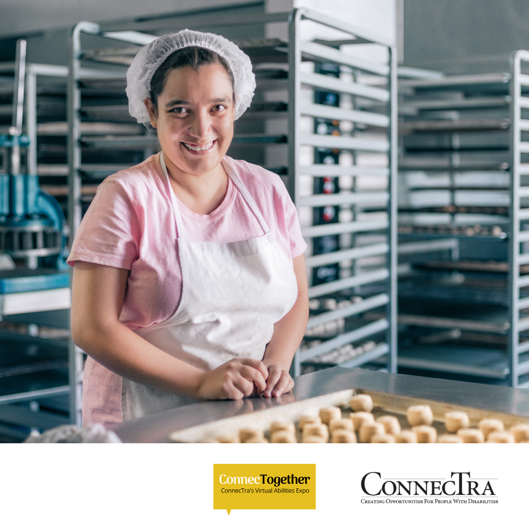 Woman working at a bakery.(. connectogather logo. connectra logo.).