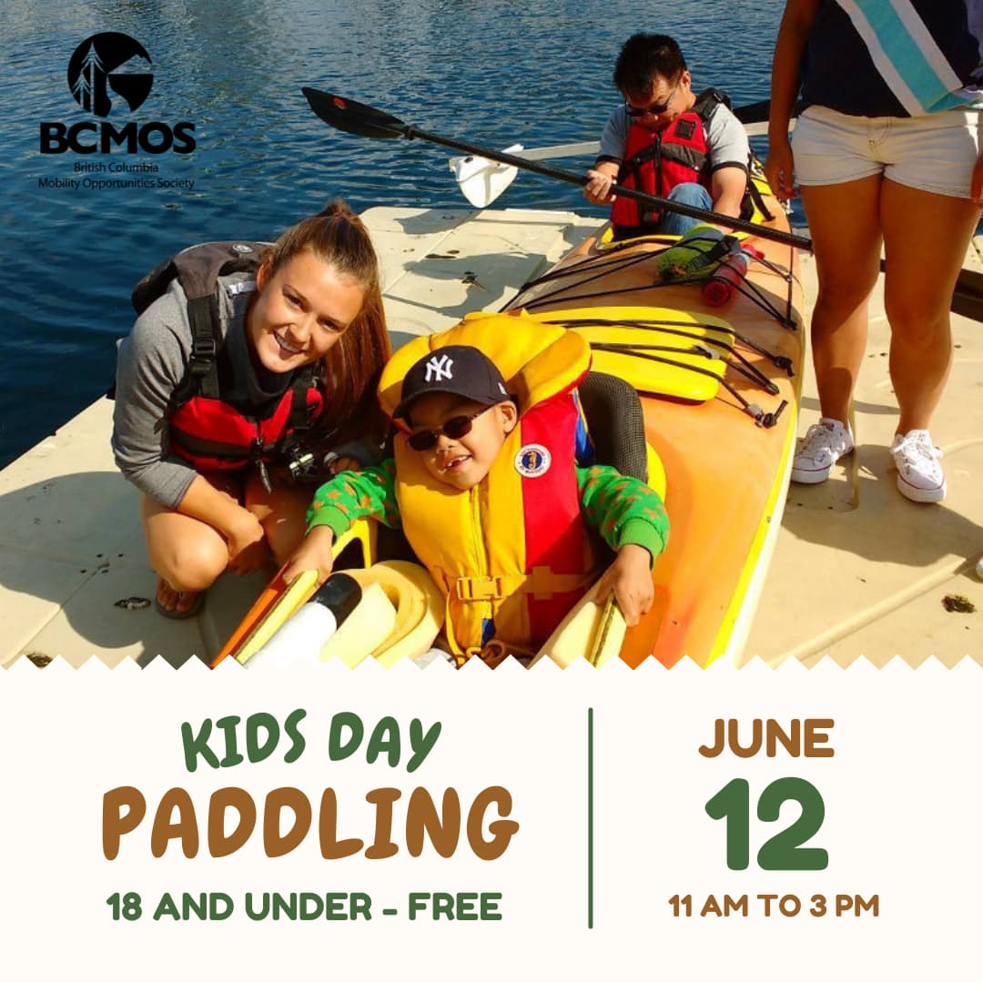 Volunteer and kids posing in adaptive kayak. Kids Day Paddling, 18 and under free. June 12th from 11 am to 3 pm.