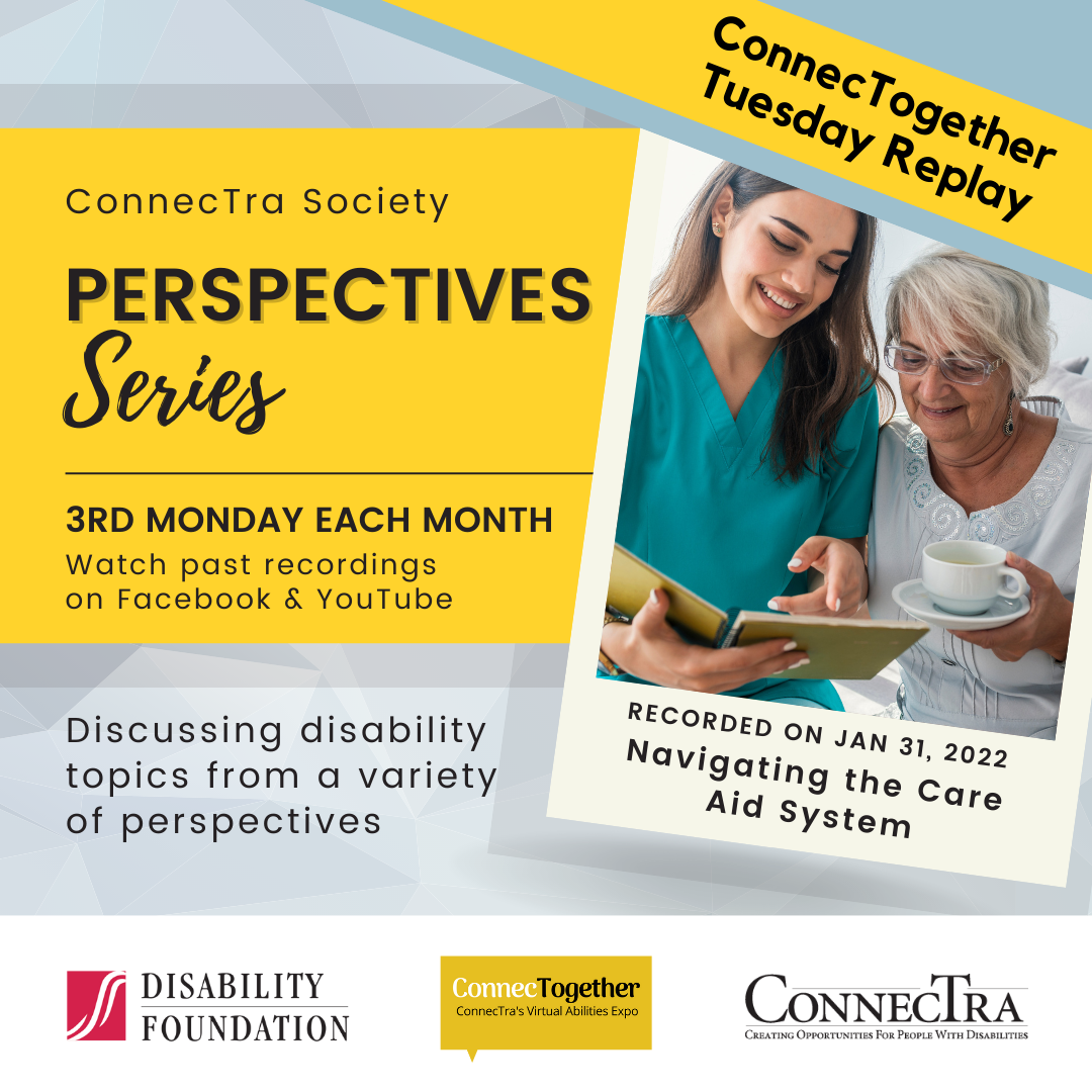Perspectives Series: Navigating the Care Aid System on January 31st at 12 to 1PM. Two women look at an iPad while one of them holds coffee.