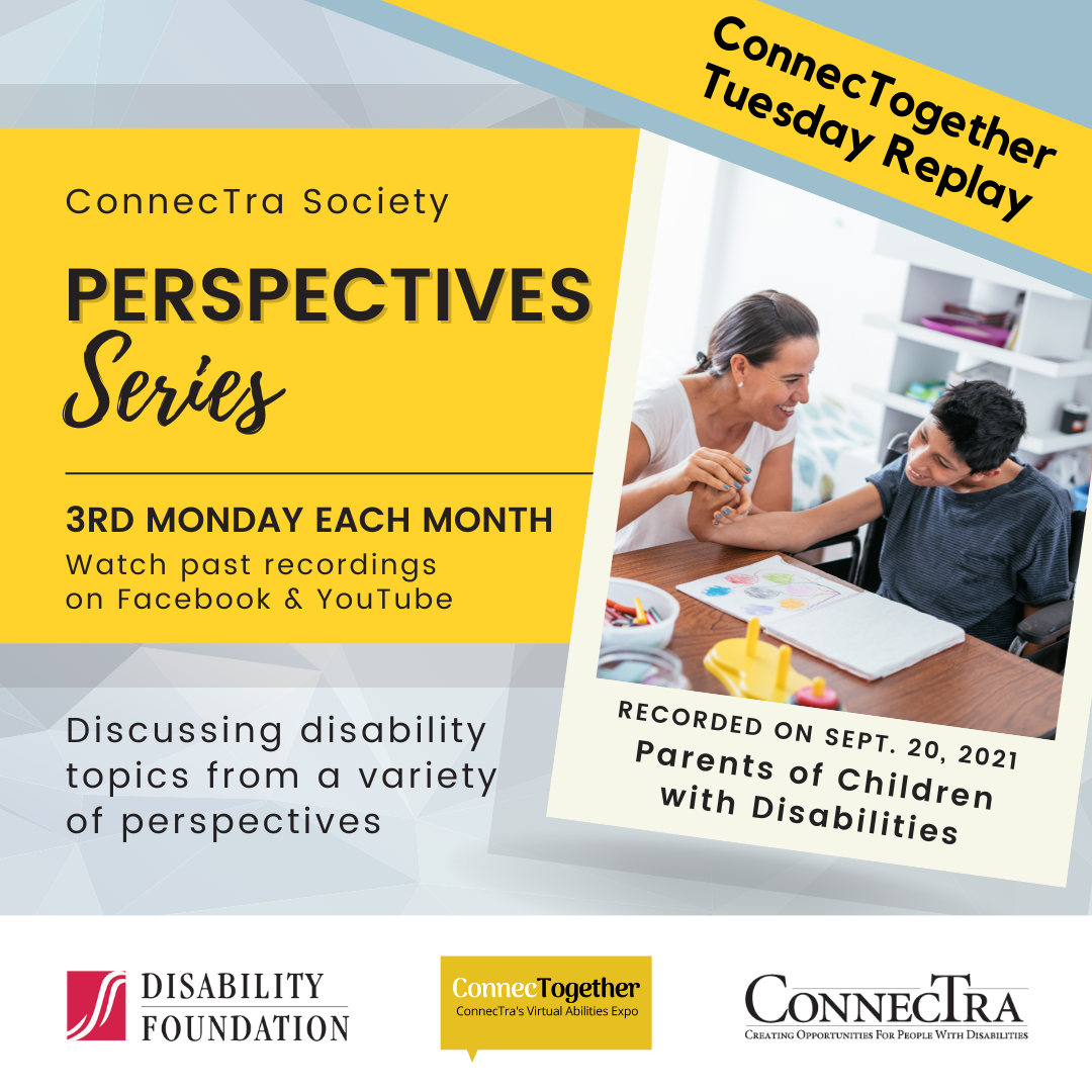 Perspectives Series: Parents of Children with Disabilities on January 24th at 12 to 1PM. Two parents hug their daughter sitting in between them.