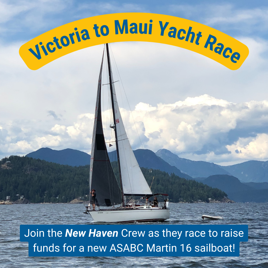 Sailboat out on the ocean. Victoria to Maui Yacht Race. Join the New Haven Crew as they race to raise funds for a new ASABC Martin 16 sailboat!