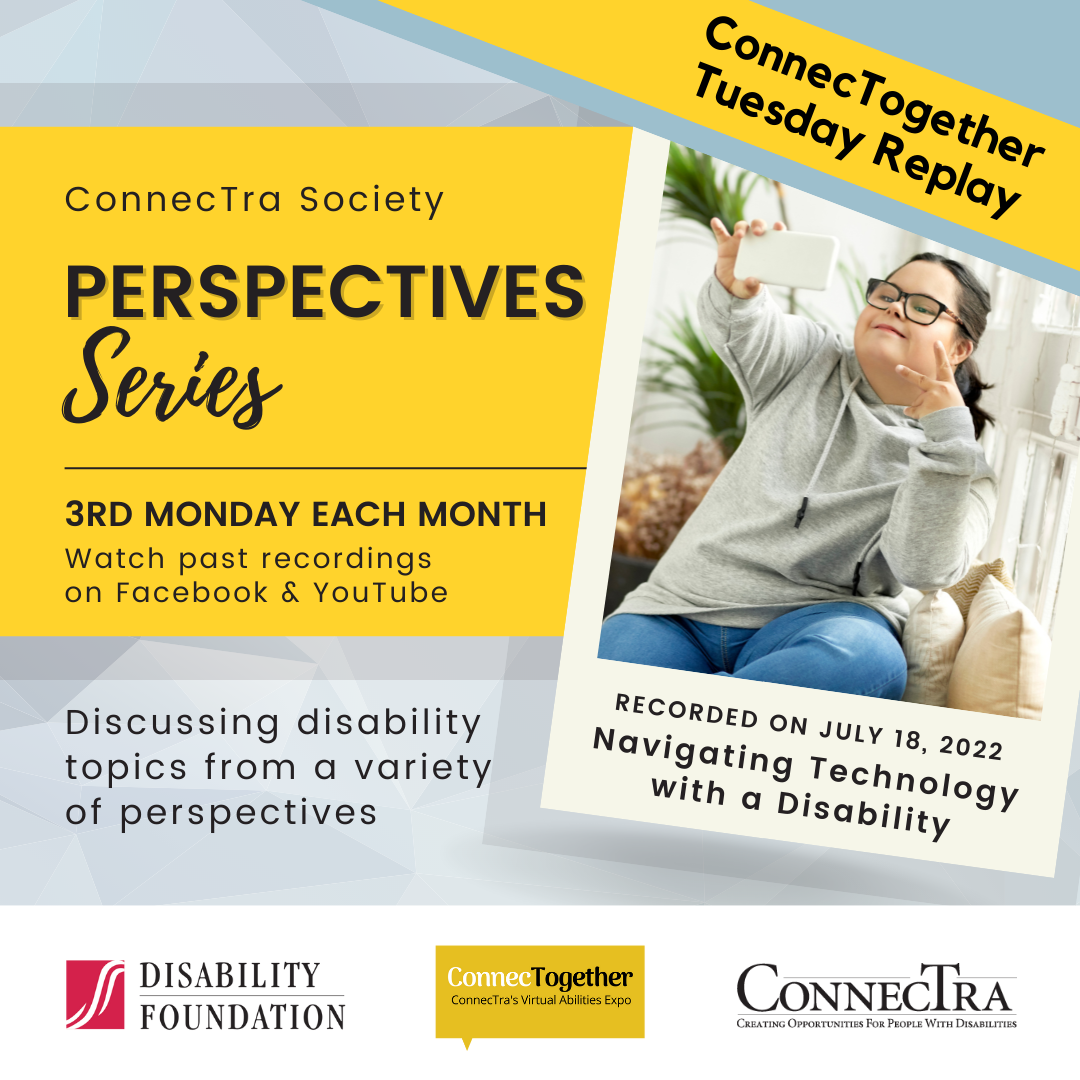 Individual sits on a couch and holds her phone up to take a selfie, while making a peace sign with her other hand. [ConnecTogether Tuesday Replay: Perspectives Series, recorded on July 18, 2022 - Navigating Technology with a Disability.]