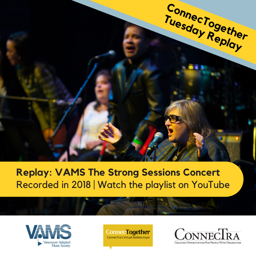 Individual sings into a microphone with a band playing instruments behind her. [ConnecTogether Tuesday Replay: Strong X Virtual Concert VAMS, recorded on March 12, 2021. Watch on YouTube.]