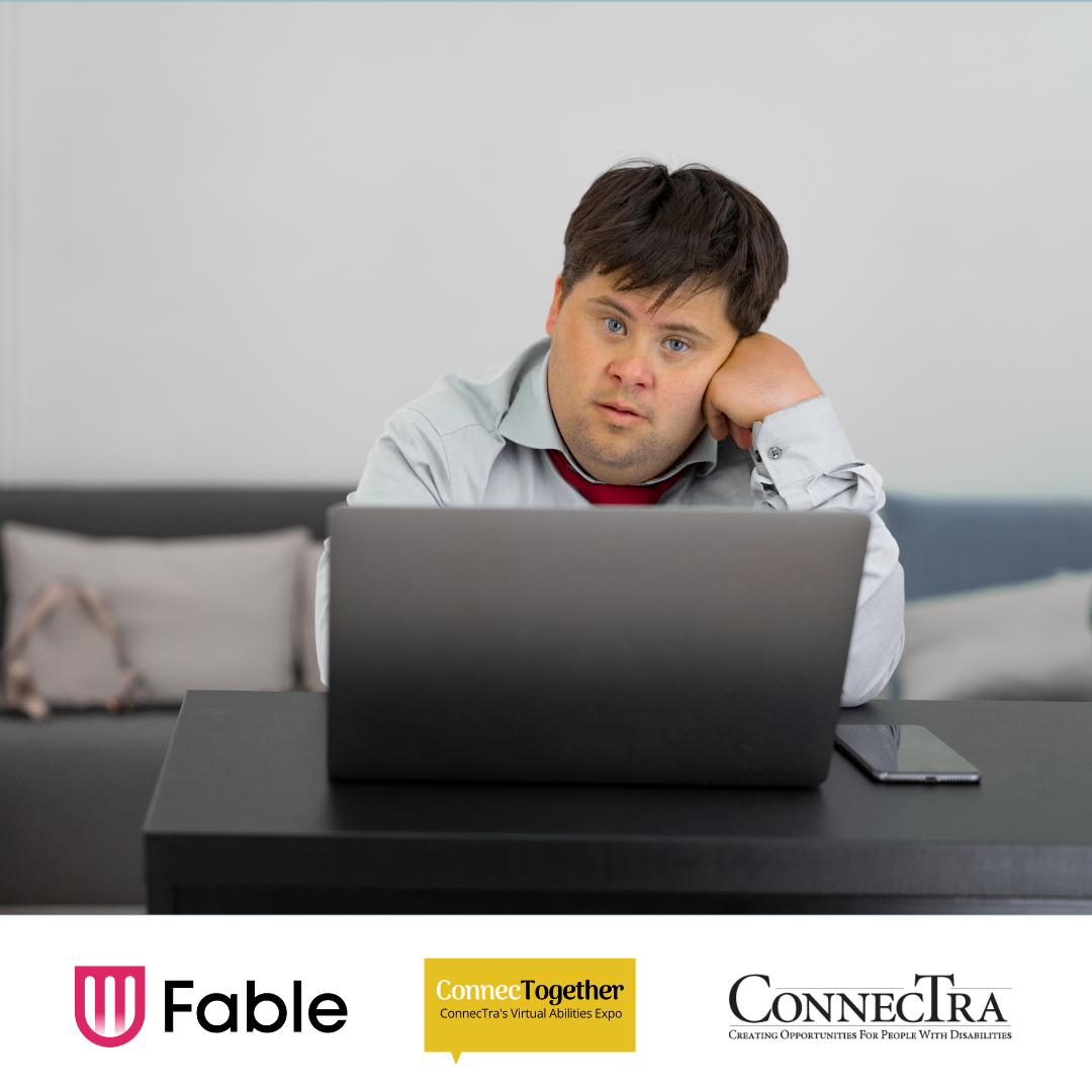 Photo of a man sitting in front of his laptop, Fable Tech Labs logo, ConnecTogether logo, ConnecTra logo