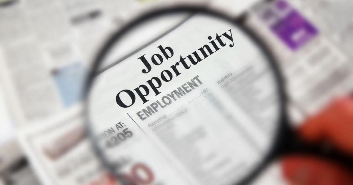 A magnifying glass above the words “Job Opportunity”.