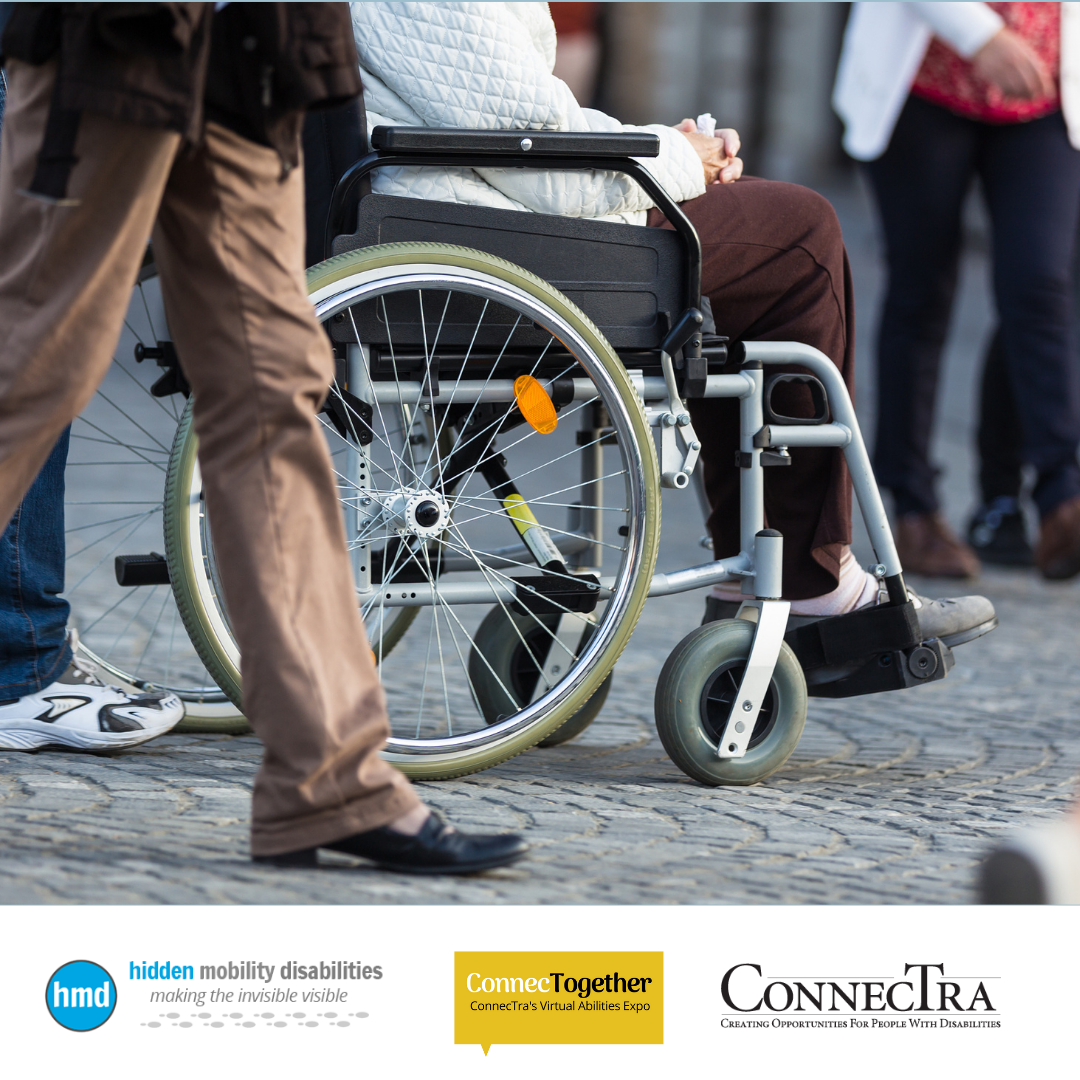 Wheelchair on a cobbled street; Hidden Mobilities Disability Alliance logo, ConnecTogether logo, ConnecTra Society logo