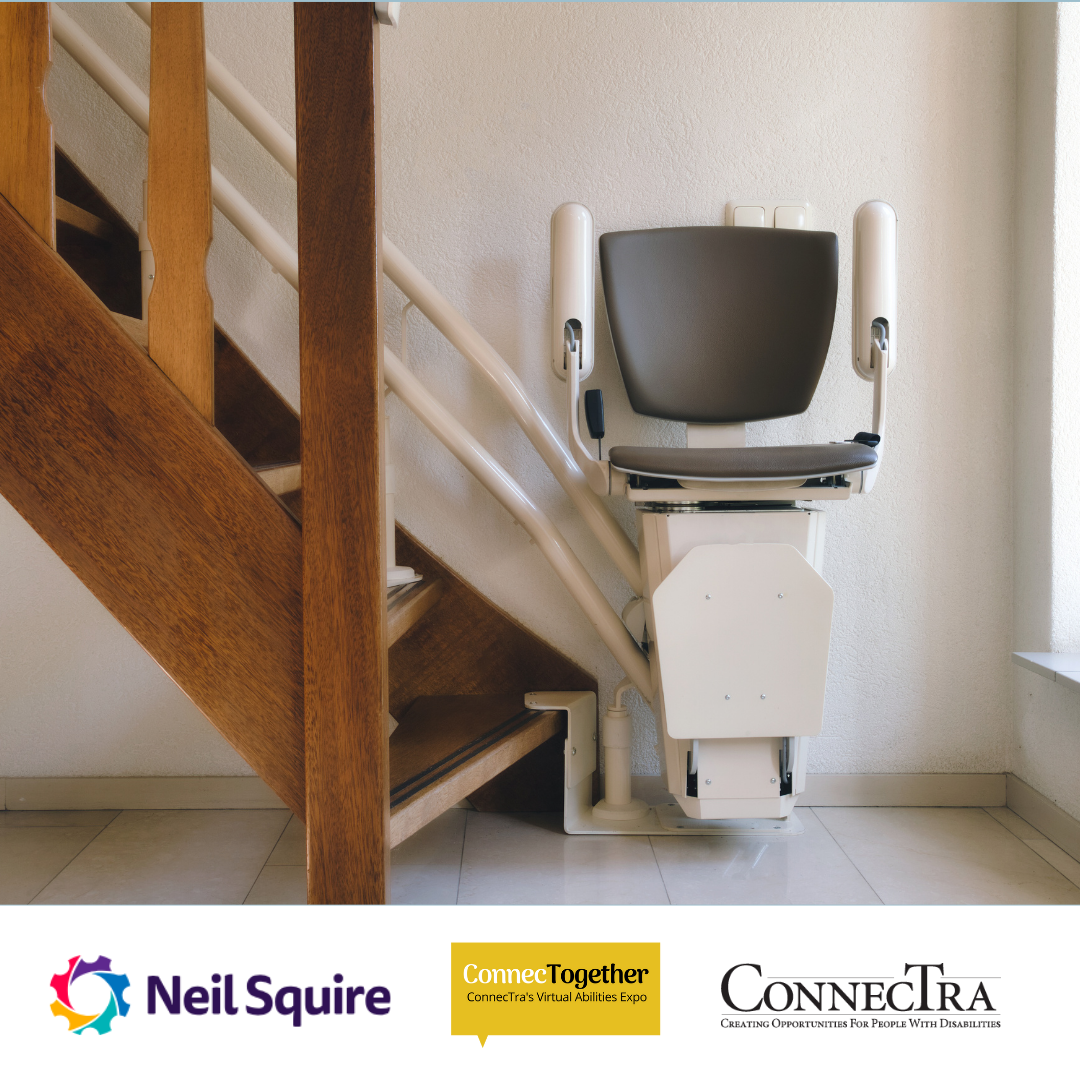 Electric mobility chair on the stairs; ConnecTra Society logo, Neil Squire logo, ConnecTogether logo