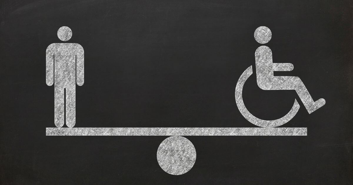 A chalk illustration of a person standing and a person sitting in a wheelchair. Each person is located at opposite ends of a scale, and the scale is in balance.